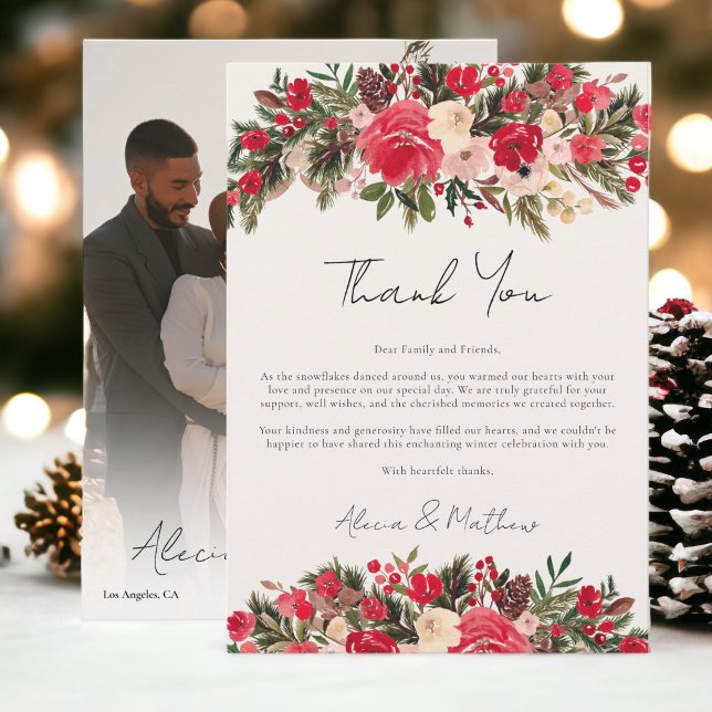 Carte De Remerciements Mariage d'hiver rustique rouge vert floral (Rustic Red green Floral Winter Wedding Thank You Card)