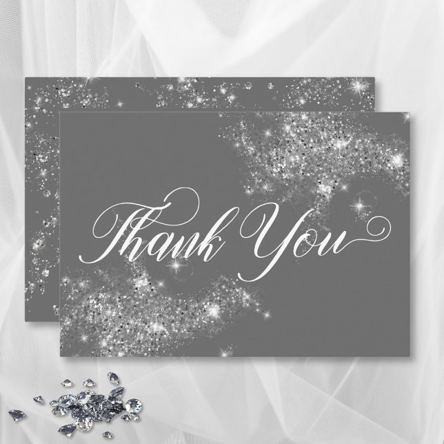 Carte De Remerciements Mariage Diamants Glamour Gris et Blanc Moderne Min (Modern Minimal Gray & White Glam Diamonds Wedding Thank You Card)