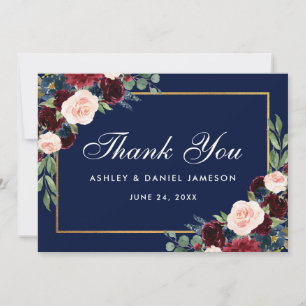 Carte De Remerciements Mariage d'or Floral Burgundy