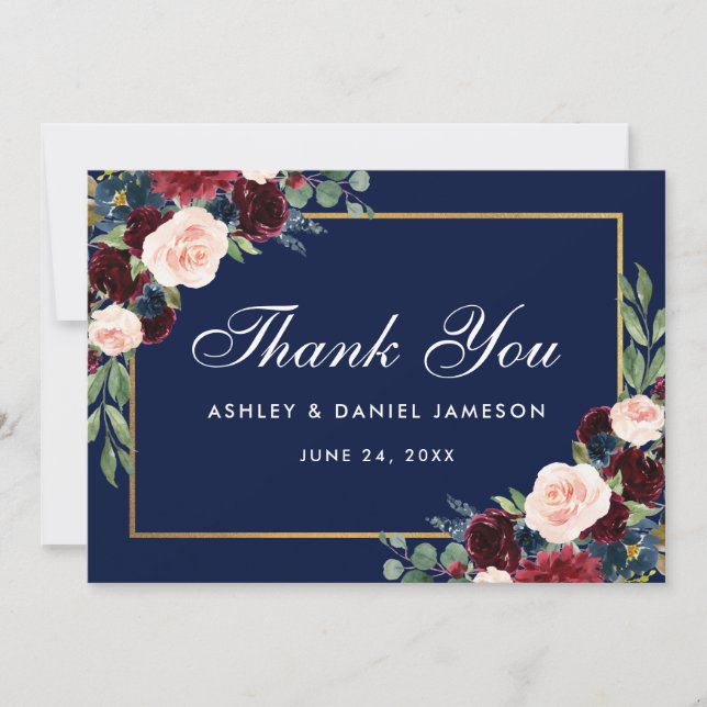 Carte De Remerciements Mariage d'or Floral Burgundy (Devant)