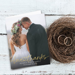 Carte De Remerciements Mariage écriture dorée à la main avec photos de cœ