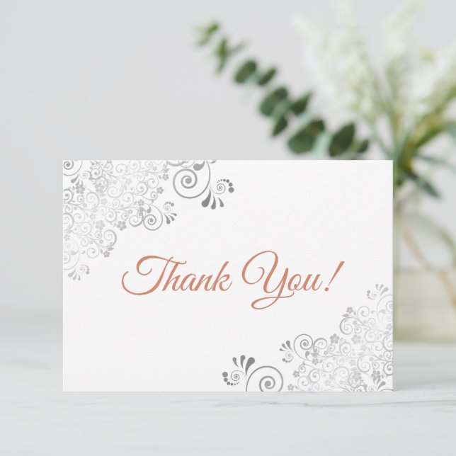 Carte De Remerciements Mariage Élégant Argent Lacé & Terracotte sur Fond  (Debout devant)