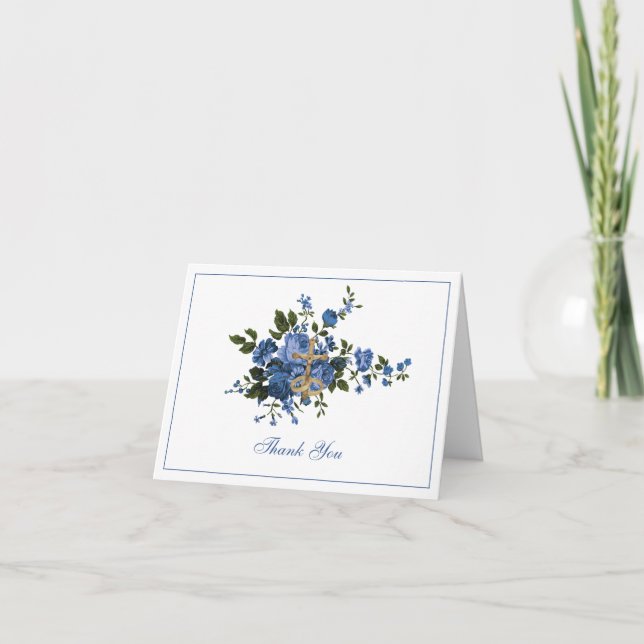 Carte De Remerciements Mariage élégant Bleu Floral Religieux (Devant)
