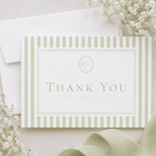 Carte De Remerciements Mariage Élégant Classique Monogramme Rayure Vert S