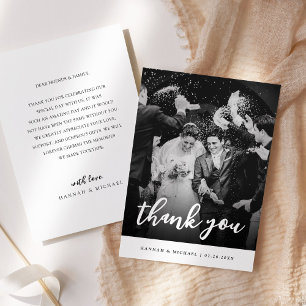 Carte De Remerciements Mariage élégant en noir et blanc avec photo et écr