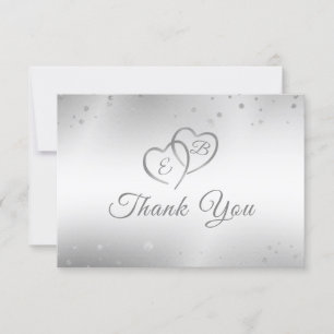 Carte De Remerciements Mariage Elégant Faux Coeurs Argent Confetti Script