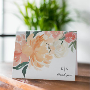 Carte De Remerciements Mariage Élégant Monogramme Fleuris Douce Pêche