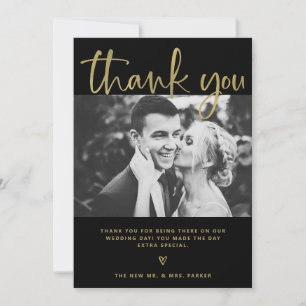 Carte De Remerciements Mariage  Elégant noir et or avec photos