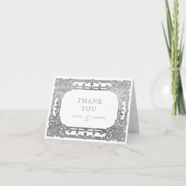 Carte De Remerciements Mariage élégant romantique orné d'argent (Devant)