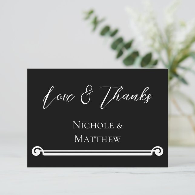 Carte De Remerciements Mariage Élégant Simple Noir & Blanc (Debout devant)