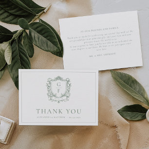 Carte De Remerciements Mariage Élégant Vert Sauge Floral Monogramme Crête