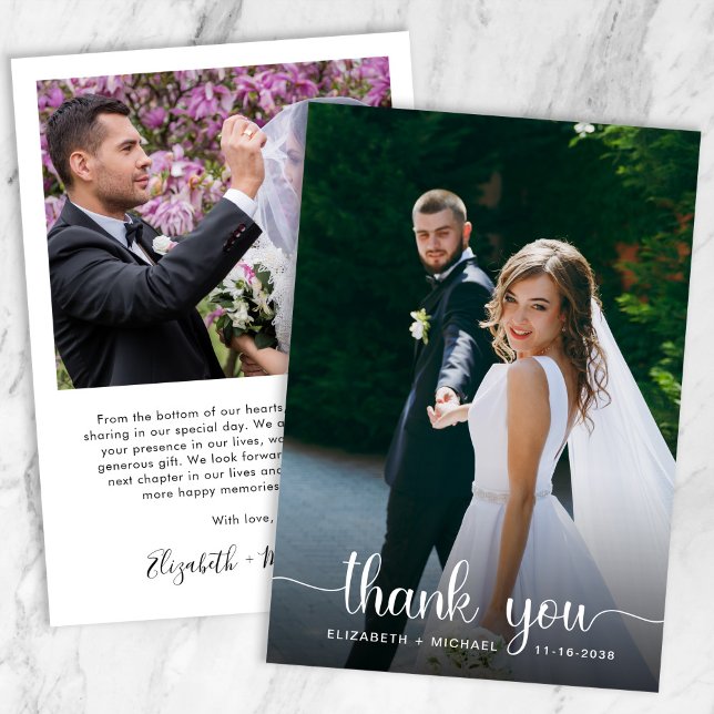 Carte De Remerciements Mariage en blanc chic avec superposition photo (Créateur téléchargé)