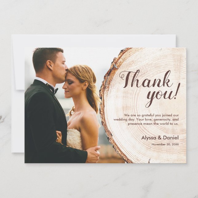 Carte De Remerciements Mariage en bois rustique unique Photo personnalisé (Devant)