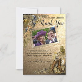 Carte de remerciements Mariage en cuir or Steampun