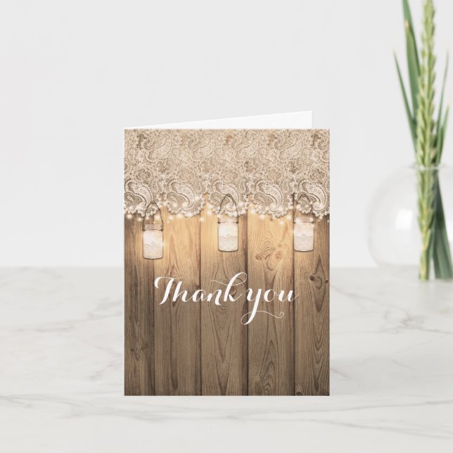Carte De Remerciements Mariage en pot Mason en bois rustique avec dentell (Devant)