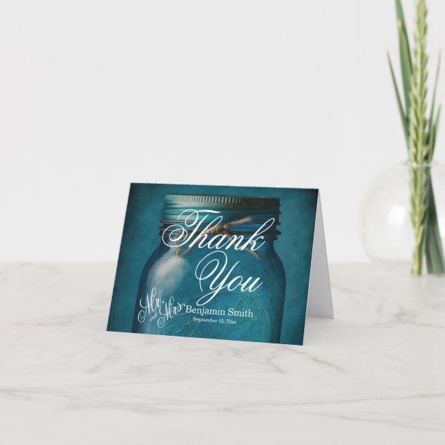 Carte De Remerciements Mariage en verre bleu rustique Mason Jar (Devant)