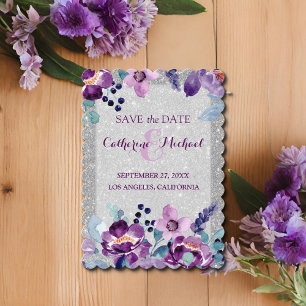 Carte De Remerciements Mariage Fleurie Aquarelle Violette et Paillettes d