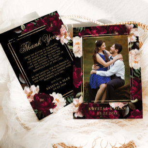 Carte De Remerciements Mariage Fleurie Noir Rouge Bourgogne Foncé Photo