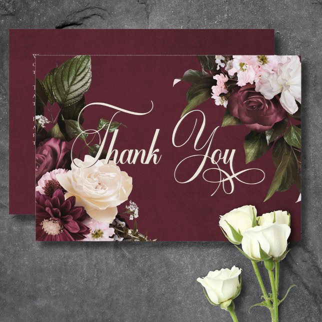 Carte De Remerciements Mariage Fleuris Crème et Bourgogne Élégant et Somb (Dark Elegant Burgundy & Cream Floral Wedding Thank You Card)