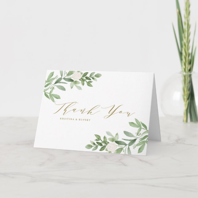 Carte De Remerciements Mariage Fleurs Blanches et Verdure à l'Aquarelle (Devant)
