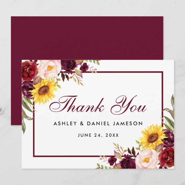 Carte De Remerciements Mariage Fleurs Mixtes Aquarelle Bordeaux (Devant / Derrière)