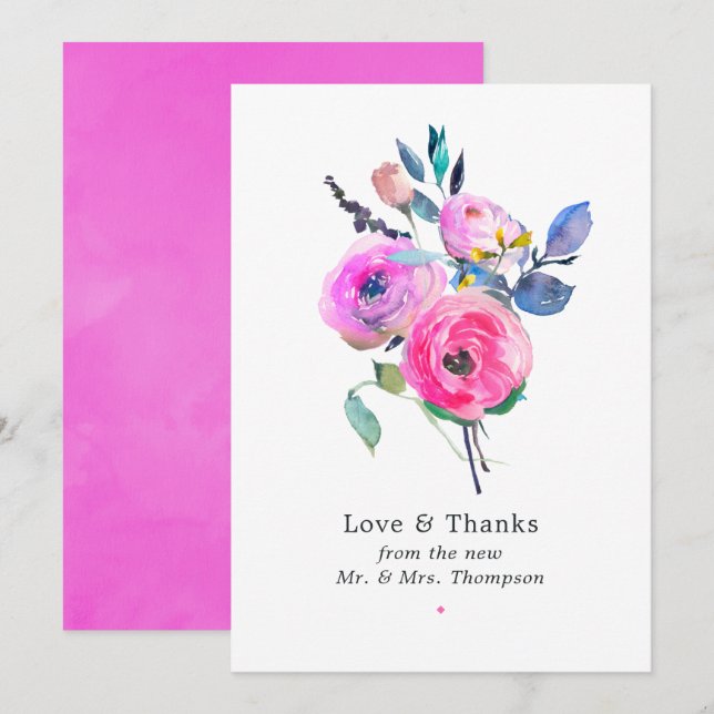 Carte De Remerciements Mariage Floral Aquarelle Rose Chaud (Devant / Derrière)