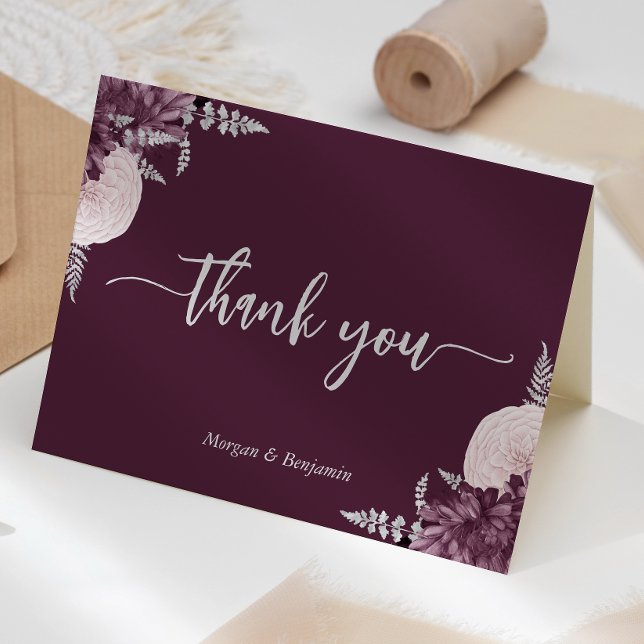 Carte De Remerciements Mariage Floral Argent Mauve Script (Créateur téléchargé)