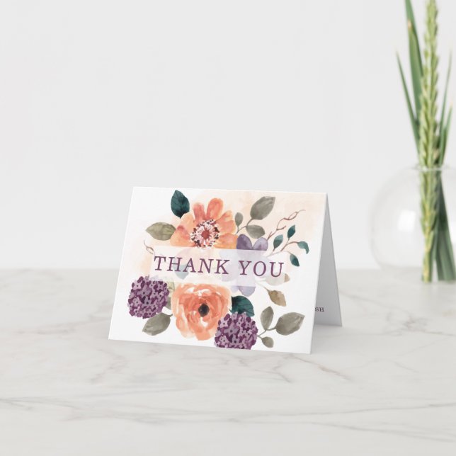 Carte De Remerciements Mariage Floral Automnal Violet et Orange (Devant)