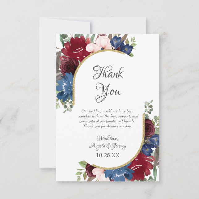 Carte De Remerciements Mariage floral bleu bleu bleu marine Bourgogne rou (Devant)