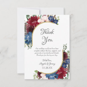Carte De Remerciements Mariage floral bleu bleu bleu marine Bourgogne rou