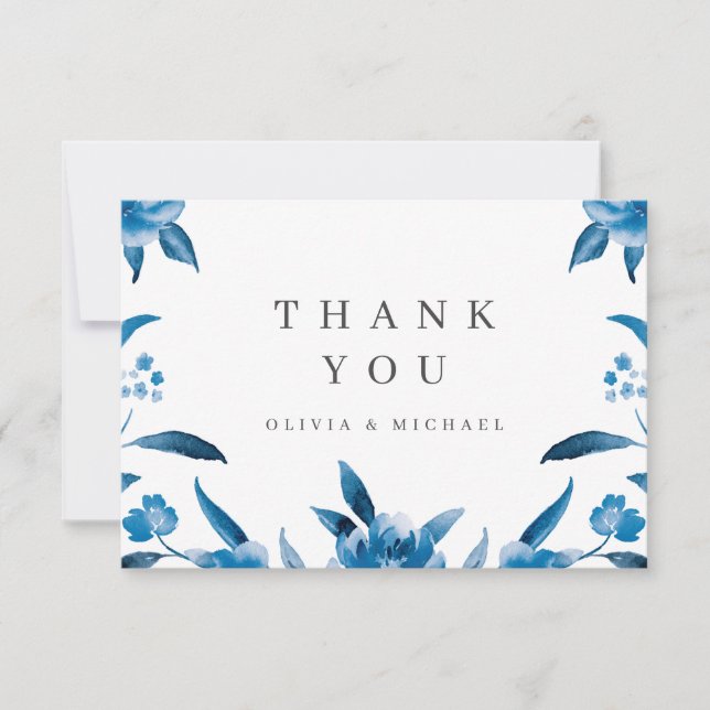 Carte De Remerciements Mariage floral bleu et blanc (Devant)