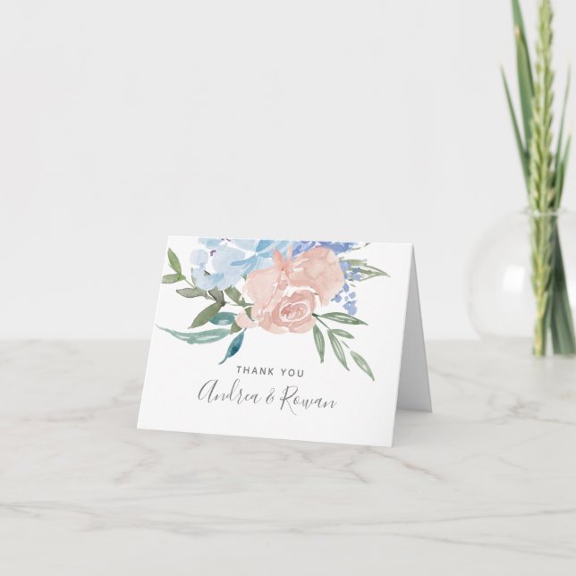 Carte De Remerciements Mariage floral bleu et rose (Devant)