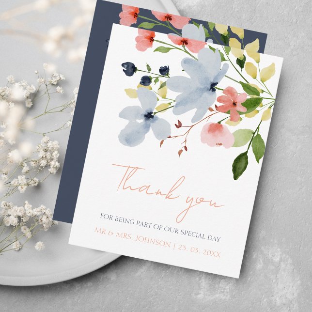 Carte De Remerciements Mariage floral bleu et rose simple Boho (Créateur téléchargé)