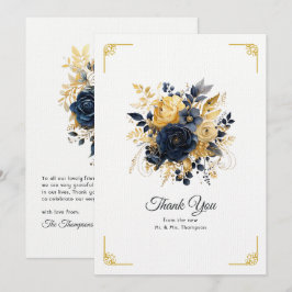 Carte De Remerciements Mariage floral bleu marine et or