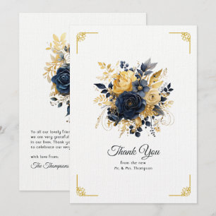 Carte De Remerciements Mariage floral bleu marine et or