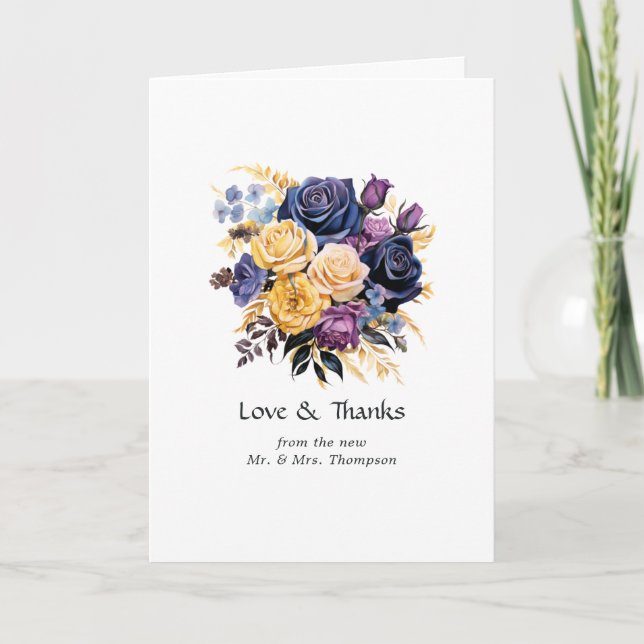 Carte De Remerciements Mariage floral bleu, violet, or et noir (Devant)