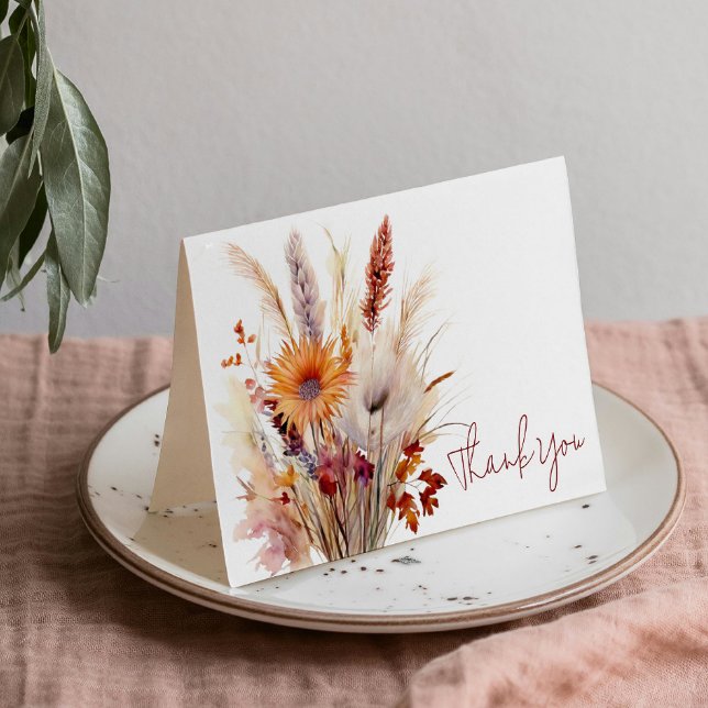 Carte De Remerciements Mariage floral Boho d'automne | Blanc (Autumn Boho Floral White Wedding Thank You Card)