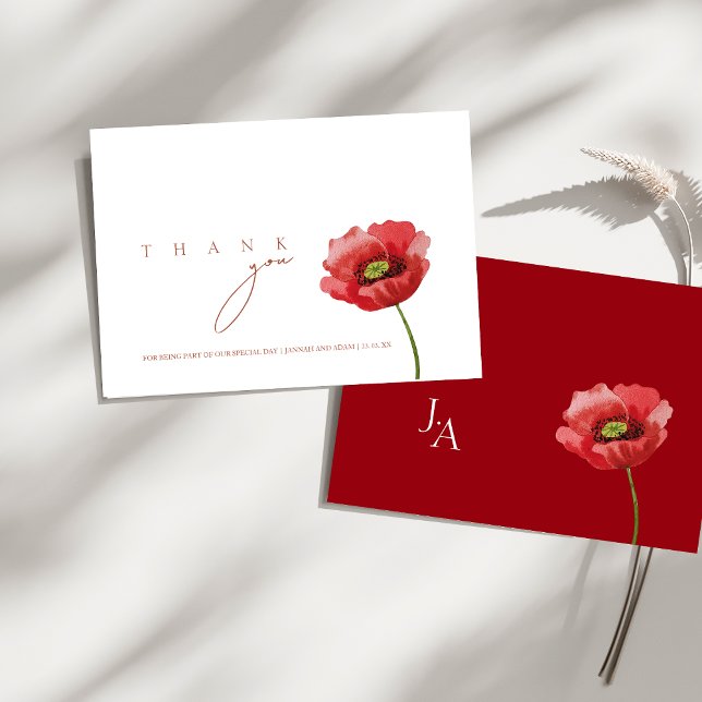 Carte De Remerciements Mariage floral Crimson Red Poppy (Crimson Red Poppy Floral Wedding Thank You Card)