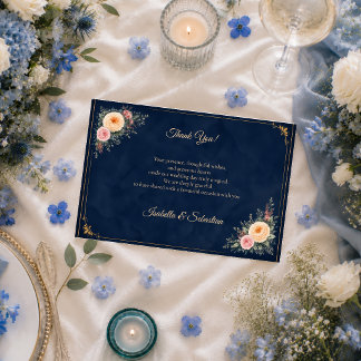 Carte De Remerciements Mariage floral de coin élégant en bleu marine
