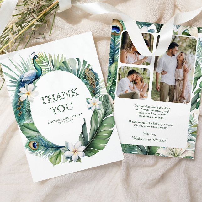 Carte De Remerciements Mariage floral de paon indien tropical (Créateur téléchargé)