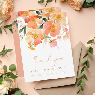 Carte De Remerciements Mariage Floral de Pêche Orange Aquarelle moderne