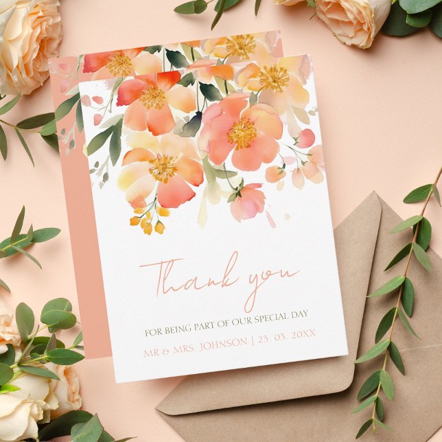 Carte De Remerciements Mariage Floral de Pêche Orange Aquarelle moderne (Créateur téléchargé)