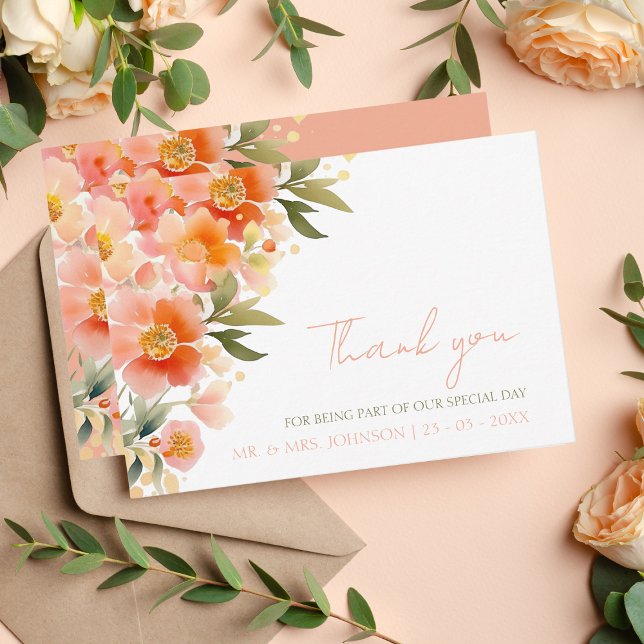 Carte De Remerciements Mariage Floral de Pêche Orange Aquarelle moderne (Créateur téléchargé)