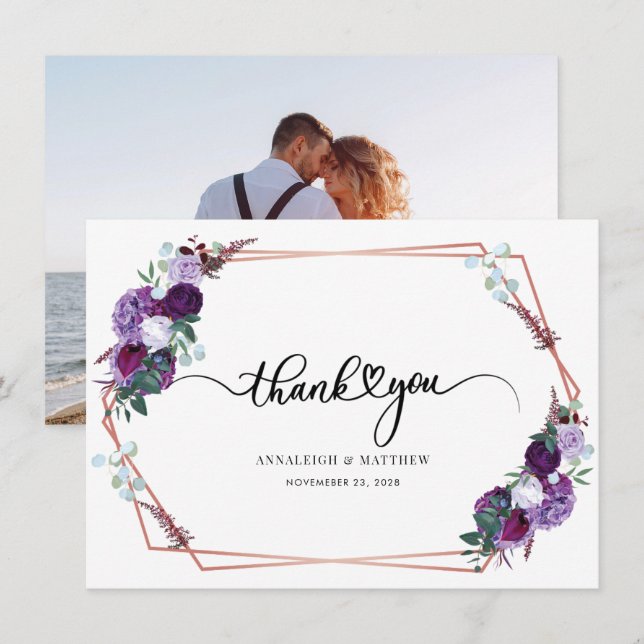 Carte De Remerciements Mariage floral de script photo (Devant / Derrière)