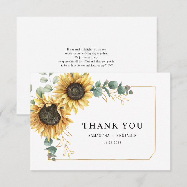 Carte De Remerciements Mariage floral de tournesol Eucalyptus (Devant / Derrière)