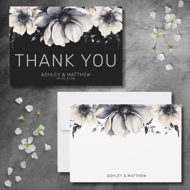 Carte De Remerciements Mariage floral élégant moderne (Modern Elegant Floral Black Wedding Thank You Card)