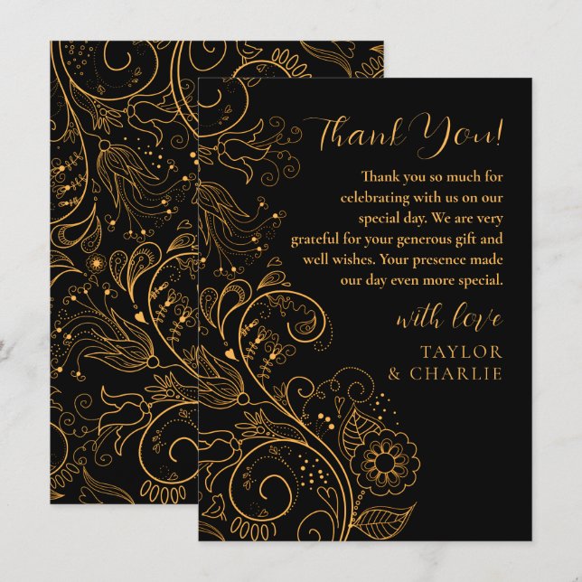 Carte De Remerciements Mariage floral élégant or et noir (Devant / Derrière)