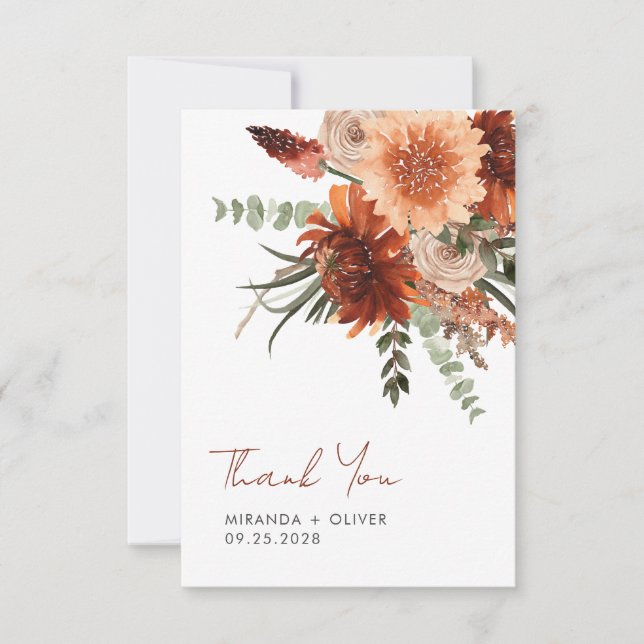 Carte De Remerciements Mariage floral en terre cuite rouille Boho aquarel (Devant)