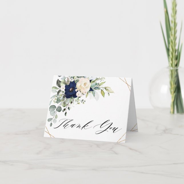 Carte De Remerciements Mariage Floral Greenery Géométrique Rose Navy (Devant)