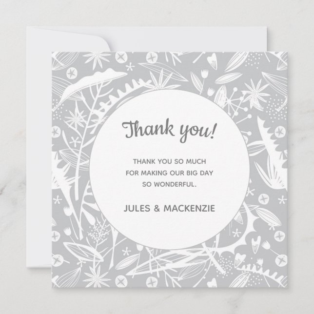 Carte De Remerciements Mariage floral gris moderne (Devant)